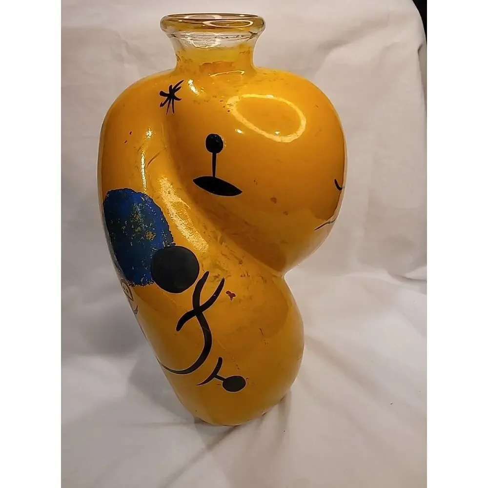 Joan Miro Style Art Deco Vintage Large Hand Painted Abstract Bulbous Glass Vase